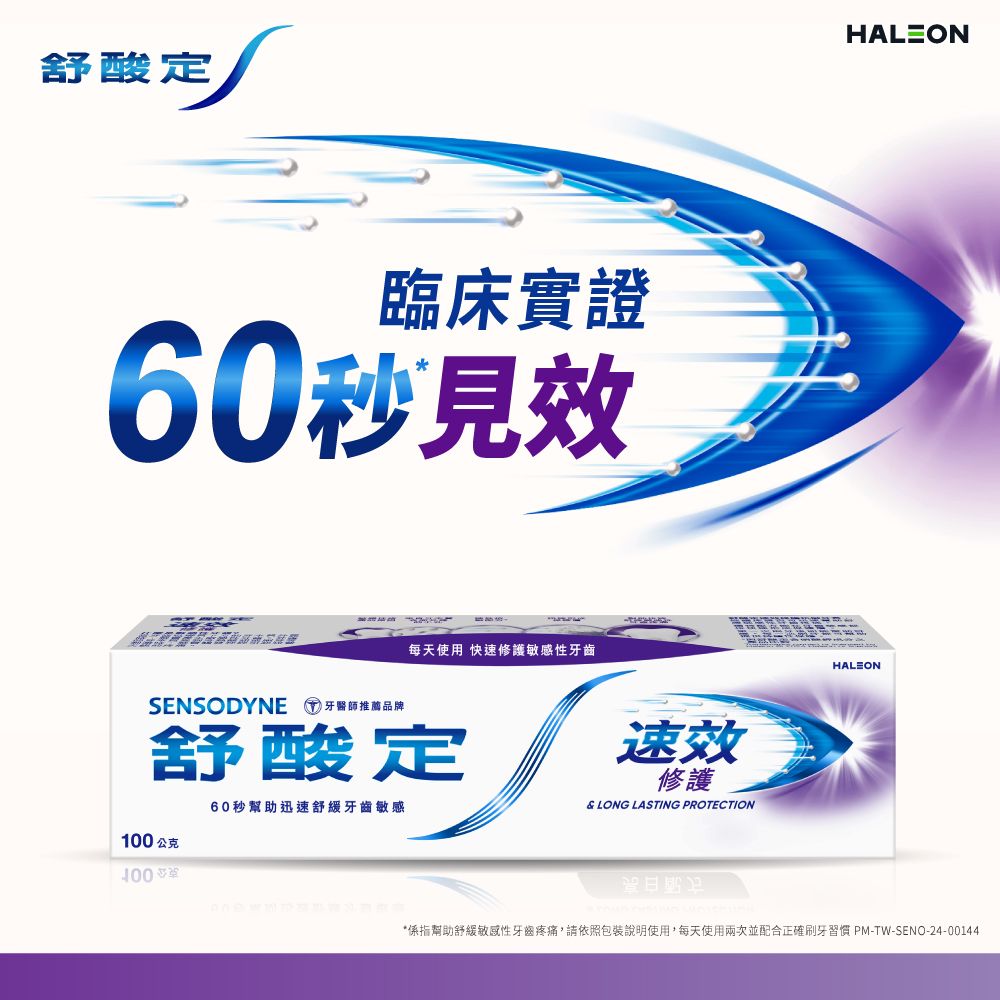 舒酸定臨床實證60秒見效每天使用 快速修護敏感性SENSODYNE 牙醫師推薦品牌舒酸定60秒幫助迅速舒緩牙齒敏感速效修護 LONG LASTING PROTECTION100公克HALEONHALEON*係指幫助舒緩敏感性牙齒疼痛,請依照包裝說明使用,每天使用兩次並配合正確刷牙習慣 PM-TW-SENO-24-00144