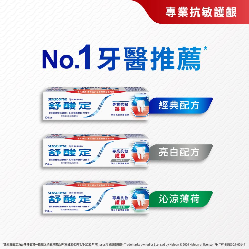 專業抗敏護齦No.1 SENSODYNE 牙酸定專業抗敏護齦+減牙斑 3倍更有效100改善健康每天效诫少SENSODYNE 舒酸定效幫助牙齒+減少牙菌3倍更有效100專業抗敏護齦配方幫助改健康SENSODYNE 推薦每天使用 效減少牙齒牙醫舒酸定專業抗敏護齦雙效幫助舒牙齒+減少牙菌斑 3倍更有效泡泡科技100幫助改善牙顯健康經典配方亮白配方沁涼薄荷*係指舒酸定為台灣牙醫第一推薦之抗敏牙膏品牌(根據2023年6月~2023年7月市場調查報告) Trademarks owned or licensed by Haleon © 2024 Haleon or licensor PM-TW-SENO-24-00144
