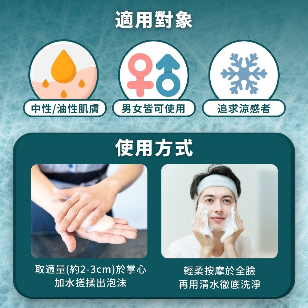 適用對象우中性/油性肌膚男女皆可使用追求涼感者使用方式取適量(約2-3cm)於掌心加水搓揉出泡沫輕柔按摩於全臉再用清水徹底洗淨