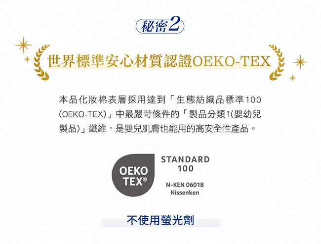 秘密世界標準安心材質認證OEKO-TEX本品化妝棉表層採用達到生態紡織品標準100(OEKO-TEX)」中最嚴苛條件的「製品分類(嬰幼兒製品)」纖維,是嬰兒肌膚也能用的高安全性產品。OEKOSTANDARD100TEX®N-KEN 06018Nissenken不使用螢光劑