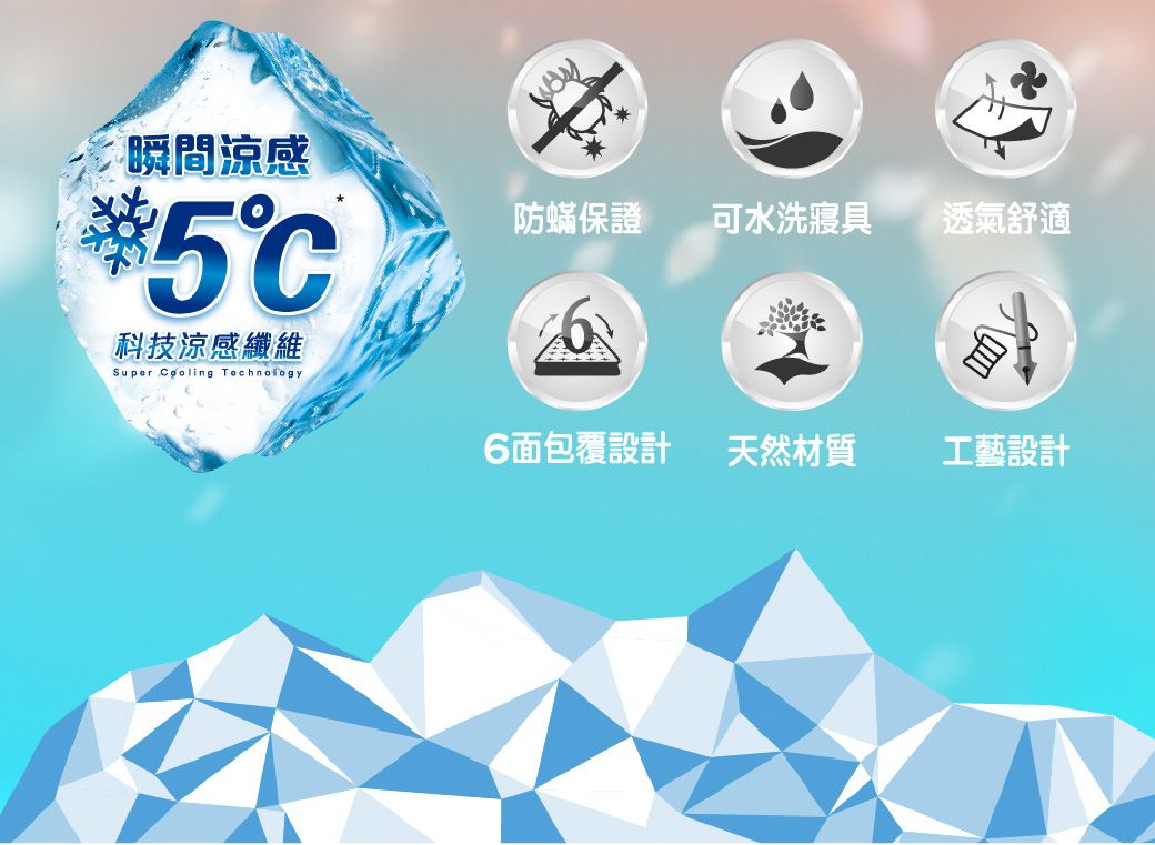 瞬間涼感科技涼感纖維Super Cooling 防蟎保證可水洗寢具透氣舒適6面包覆設計天然材質工藝設計