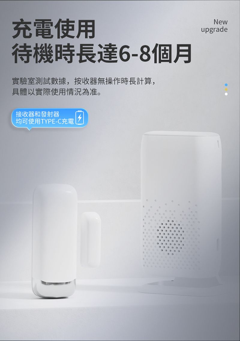 充電使用待機時長達6-8個月實驗室測試數據,按收器無操作時長計算,具體以實際使用情況為准。接收器和發射器均可使用TYPE-C充電Newupgrade