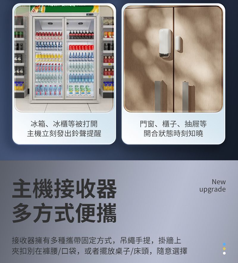 冰箱、冰櫃等被打開主機立刻發出鈴聲提醒門窗、櫃子、抽屜等開合狀態時刻知曉主機接收器多方式便攜接收器擁有多種攜帶固定方式,吊繩手提,掛牆上夾扣別在褲腰/口袋,或者擺放桌子/床頭,隨意選擇Newupgrade