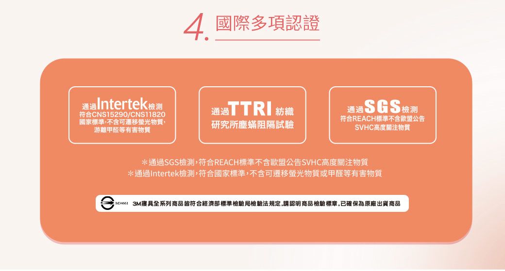 國際多項認證通過Intertek檢測通過TTRI 紡織符合CNS15290/CNS11820國家標準不含可遷移螢光物質游離甲醛等有害物質研究所塵蟎阻隔試驗通過SGS檢測符合REACH標準不含歐盟公告SVHC高度關注物質*通過SGS檢測,符合REACH標準不含歐盟公告SVHC高度關注物質*通過Intertek檢測,符合國家標準,不含可遷移螢光物質或甲醛等有害物質 M34661 3M寢具全系列商品皆符合經濟部標準檢驗局檢驗法規定,請認明商品檢驗標章,已確保為原廠出貨商品