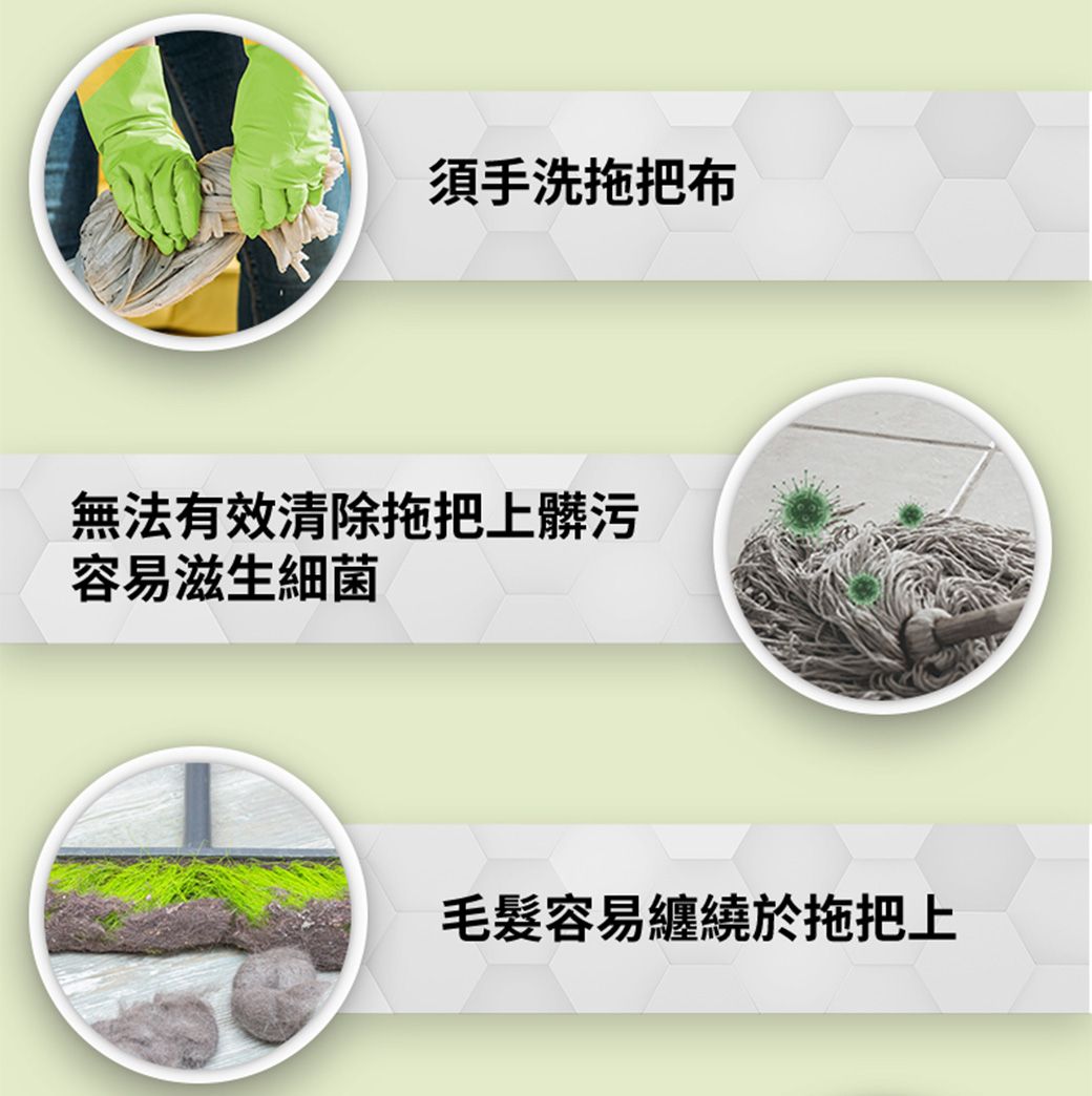 須手洗拖把布無法有效清除拖把上髒污容易滋生細菌毛髮容易纏繞於拖把上於拖把上