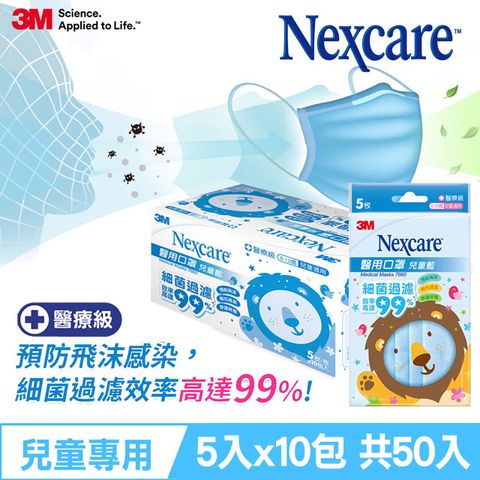 3M Nexcare 醫用口罩 (未滅菌)(5片x10包/盒)-粉藍-兒童適用