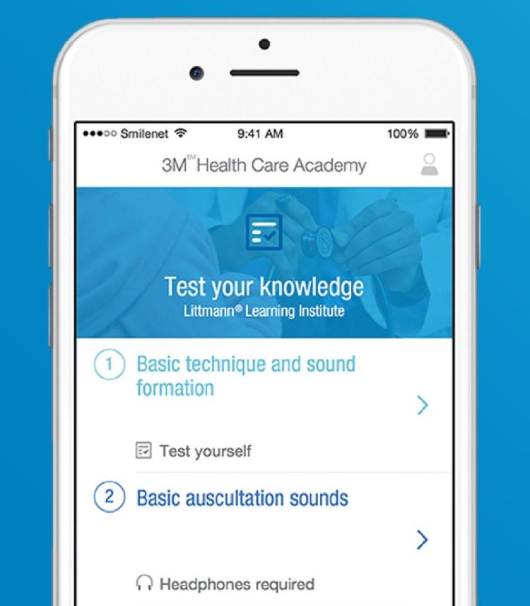 Smilenet9:41 AM3M Health Care Academy100%Test your knowledgeLittmann® Learning InstituteBasic technique and soundformationTest yourself2 Basic auscultation soundsHeadphones required7