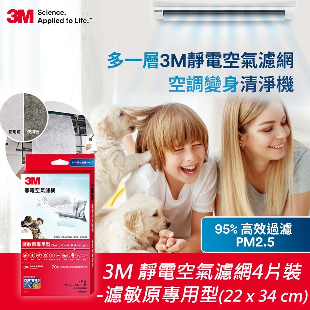 3M  濾敏原專用型靜電空氣濾網-四片裝(22x34 cm)