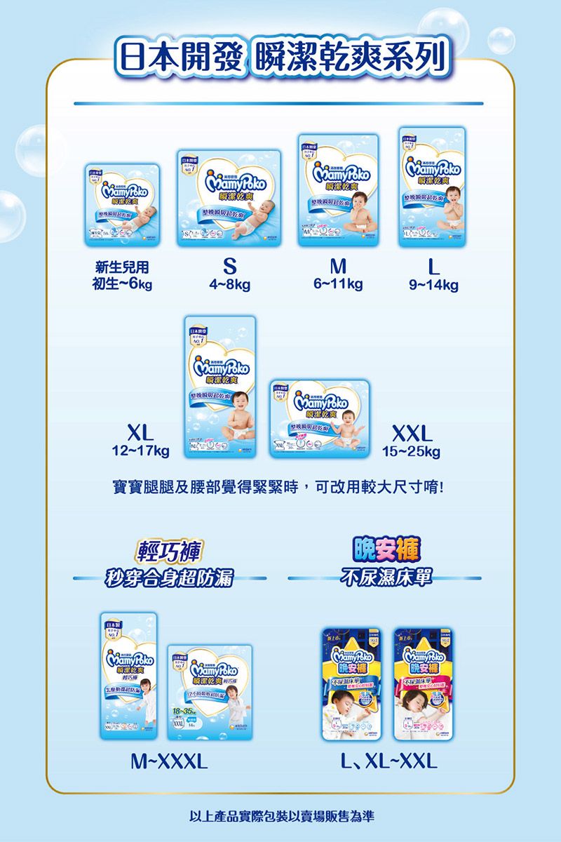 日本開發 瞬潔乾爽系列 新生兒用初生~6kgS4~8kgM6~11kg9~14kgXL12~17kg XXL15~25kg寶寶腿腿及腰部覺得緊緊時,可改用較大尺寸唷!褲晚安褲秒穿合身超防漏不尿濕床 Poko輕巧  Poko1835M-XXXLL、XL~XXL以上產品實際包裝以賣場販售為準