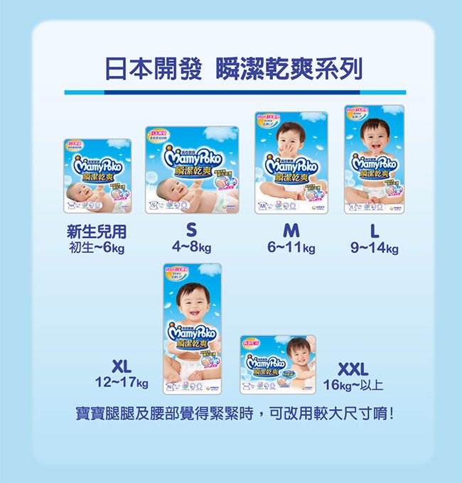 日本開發 系列 Poko乾爽瞬潔乾爽乾爽新生兒用SML初生~6kg4~8kg6~11kg9~14kg 濕乾爽 12~17kg乾爽XXL16kg~以上寶寶腿腿及腰部覺得緊緊時,可改用較大尺寸唷!