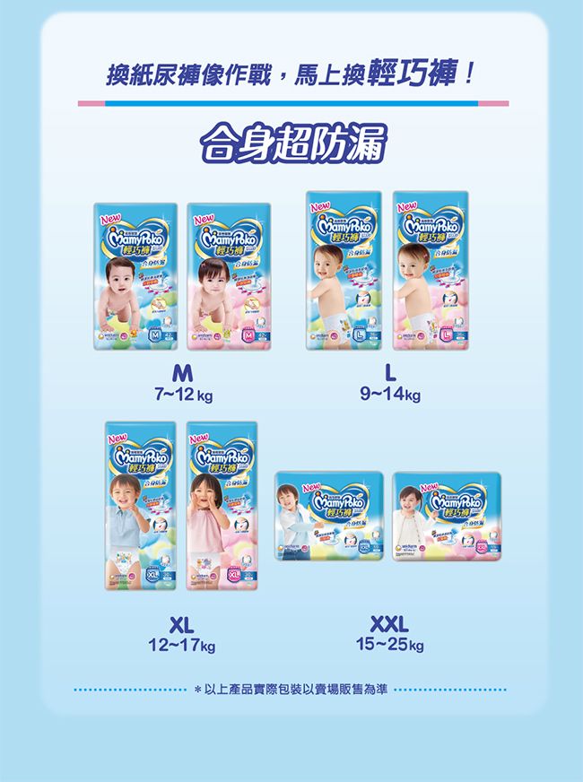 換紙尿褲像作戰,馬上換輕巧褲!合身超防漏 New PokoNewNewM kgNew PokoNewXL12-17kgL9-14kgNewXXL15-25kg*以上產品實際包裝以賣場販售為準