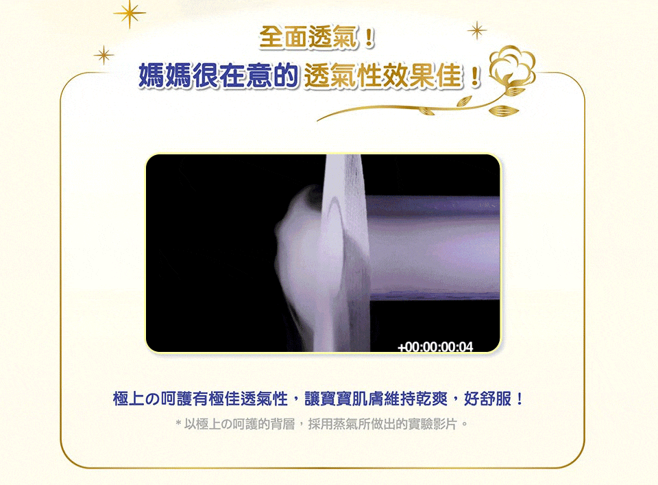 全面透氣!媽媽很在意的 透氣性效果佳!+00:00:00:04極上の呵護有極佳透氣性,讓寶寶肌膚維持乾爽,好舒服!*以極上の呵護的背層,採用蒸氣所做出的實驗影片。
