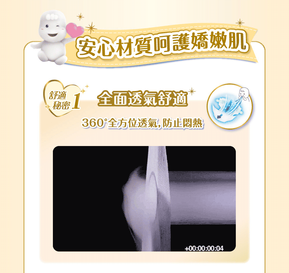 舒適安心材質呵護嬌嫩肌 全面透氣舒適360°全方位透氣,防止悶熱+00:00:00:04
