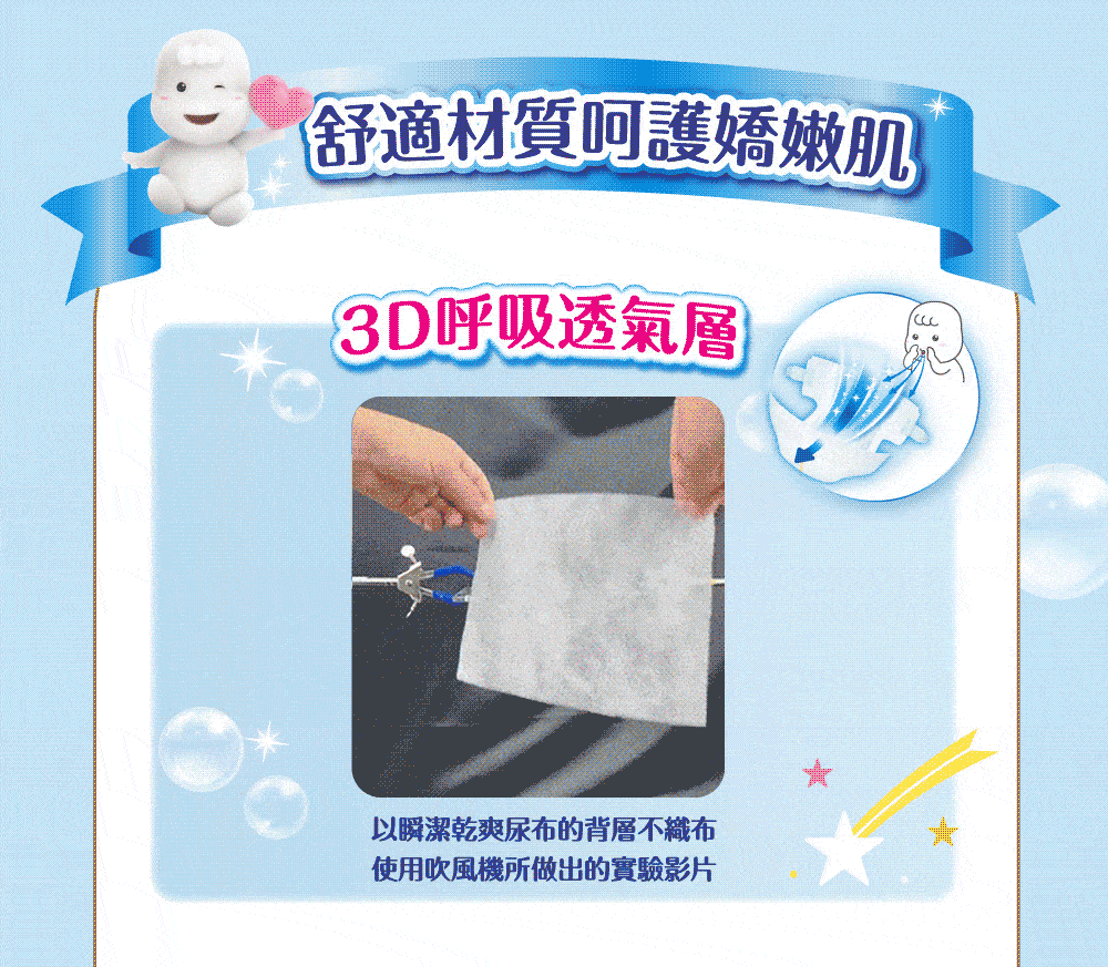 舒適材質呵護嬌嫩肌3D呼吸透氣層以瞬潔乾爽尿布的背層不織布使用吹風機所做出的實驗影片