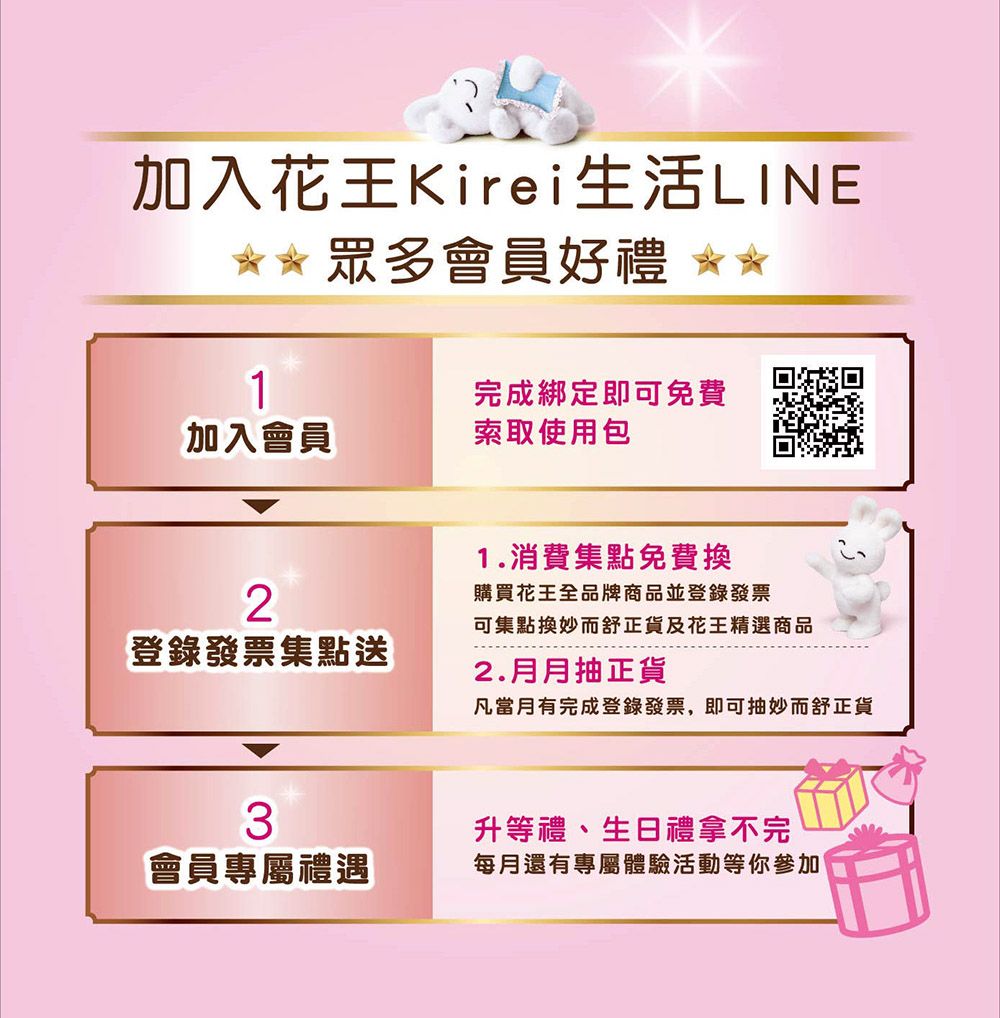 加入花王Kirei生活LINE** 眾多會員好禮 **1完成綁定即可免費加入會員索取使用包21.消費集點免費換購買花王全品牌商品並登錄發票可集點換妙而舒正貨及花王精選商品登錄發票集點送2.月月抽正貨凡當月有完成登錄發票,即可抽妙而舒正貨3升等禮、生日禮拿不完會員專屬禮遇每月還有專屬體驗活動等你參加