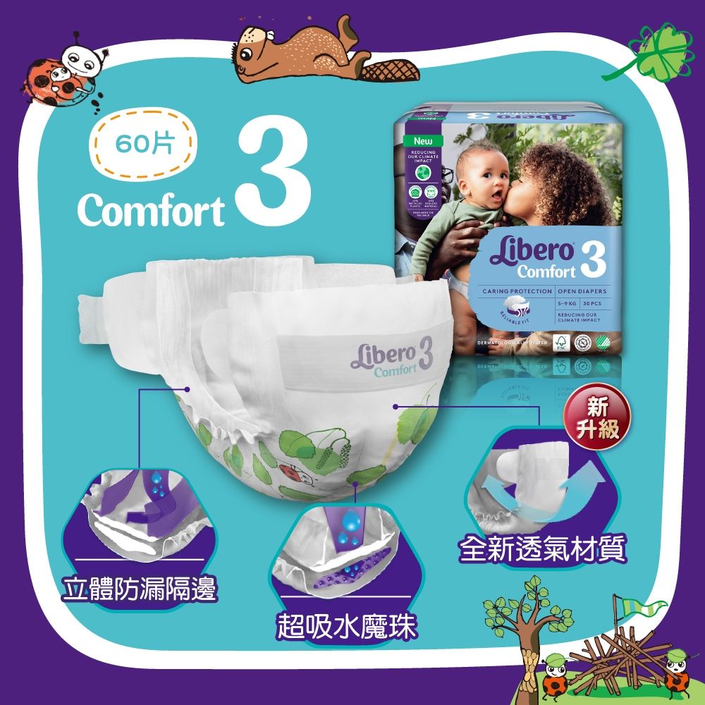 60片ComfortNewREDUCINGIMPACLibero ComfortCARING PROTECTION OPEN DIAPERS T   PCSREDUCING CLIMATE IMPACTLibero 3DERMATOComfort立體防漏隔邊超吸水魔珠新升級全新透氣材質