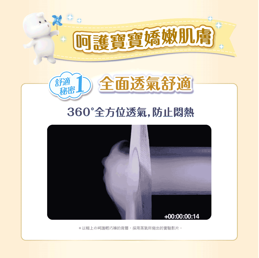 舒適呵護寶寶嬌嫩肌膚秘密 全面透氣舒適360°全方位透氣,防止悶熱+00:00:00:14*以極上の呵護輕巧褲的背層,採用蒸氣所做出的實驗影片。
