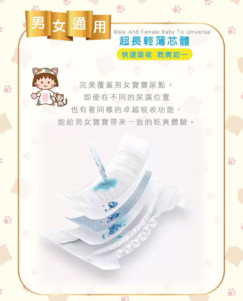 男女通用Male And Female Baby To Universal超長輕薄芯體快速吸收 乾爽如一完美覆蓋男女寶寶尿點,即使在不同的尿濕位置也有著同樣的卓越吸收功能,能給男女寶寶帶來一致的乾爽體驗