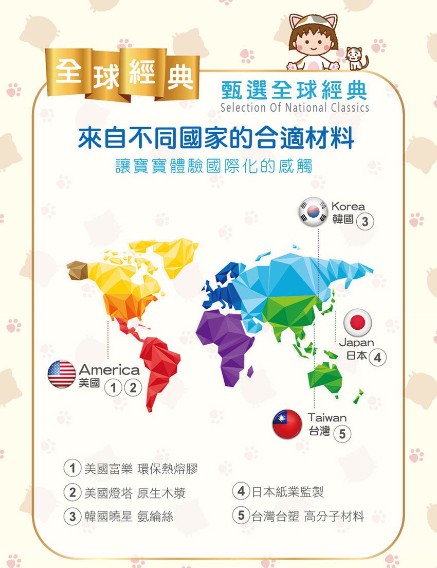 全球經典甄選全球經典Selection Of National Classics來自不同國家的合適材料讓寶寶體驗國際化的感觸America美國 1Korea韓國3Japan日本(4Taiwan台灣51美國樂 環保熱熔膠2美國燈塔 原生木漿3韓國曉星 氨綸絲4日本紙業監製5 台灣 高分子材料