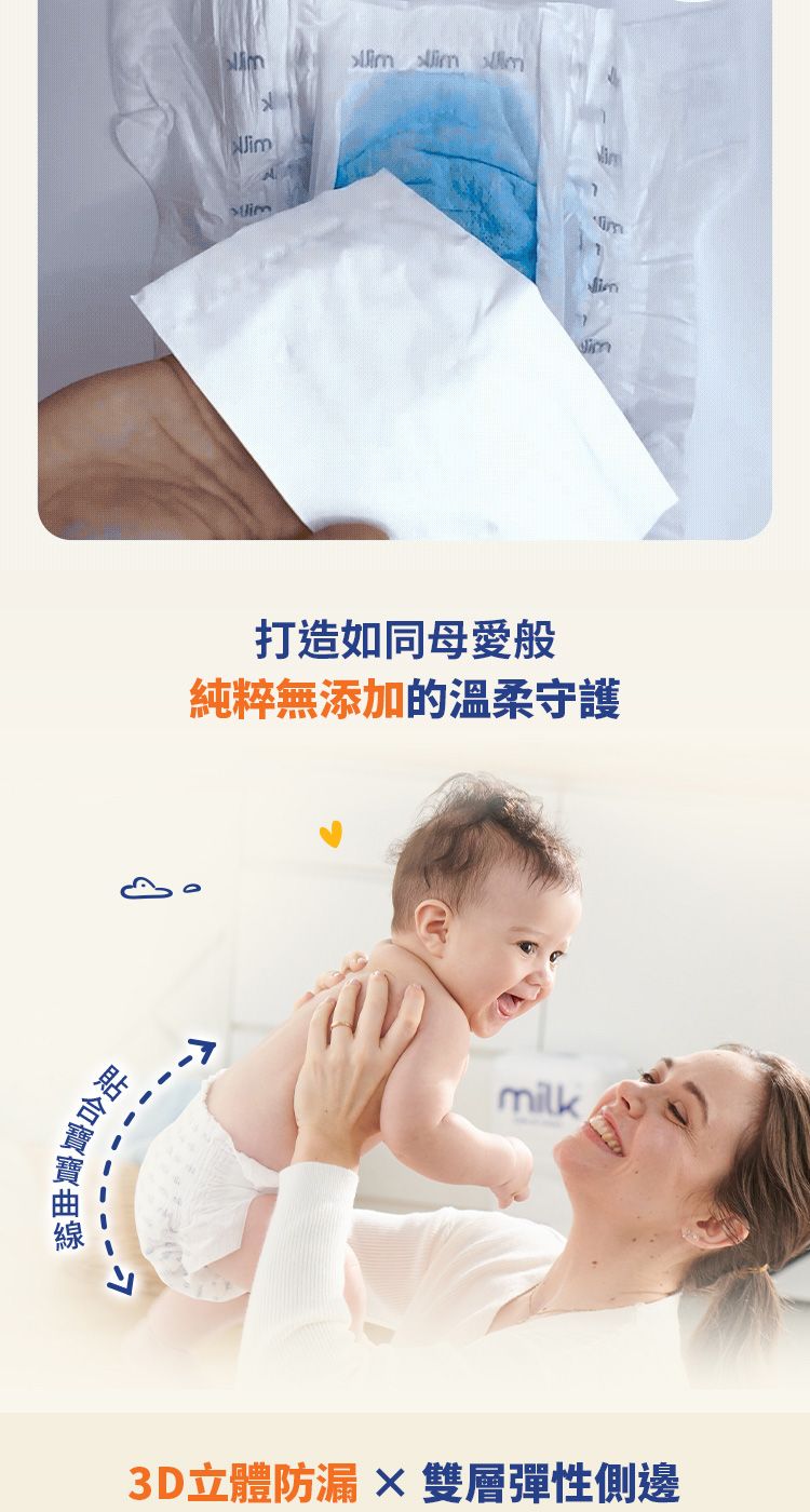 打造如同母愛般純粹無添加的溫柔守護milk3D立體防漏 雙層彈性側邊