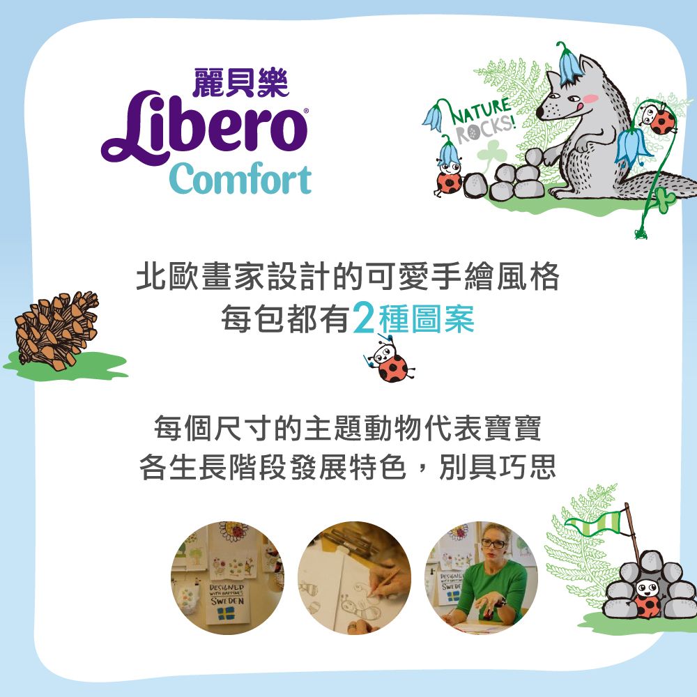 麗貝樂LiberoComfortNATUREROCKS!北歐畫家設計的可愛手繪風格每包都有2種圖案每個尺寸的主題動物代表寶寶各生長階段發展特色,別具巧思