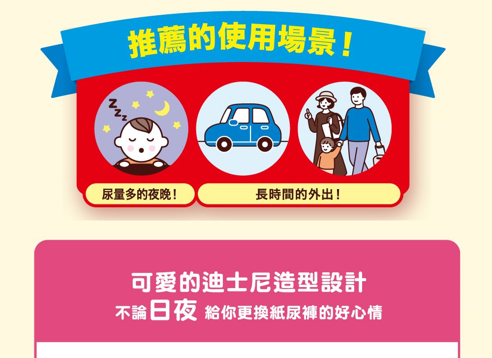 推薦的使用場景!尿量多的夜晚!長時間的外出!可愛的迪士尼造型設計不論日夜 給你更換紙尿褲的好心情