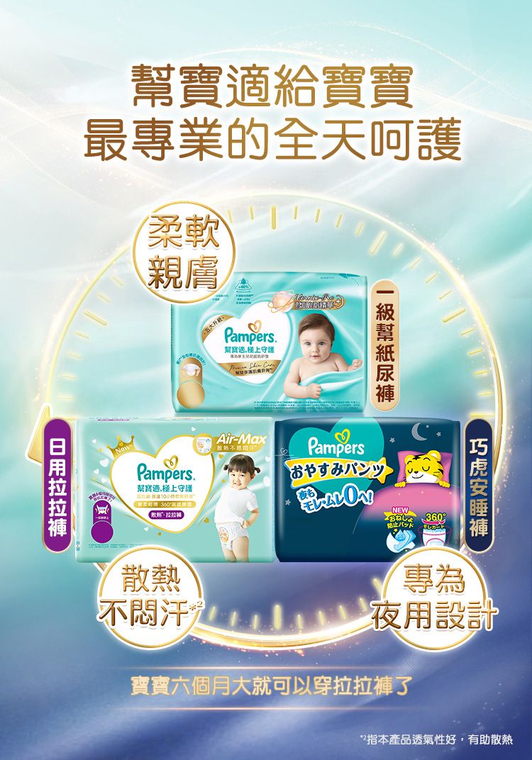 給寶寶最專業的全天呵護柔軟親膚五大PampersPampers.寶適守護 幫Air-Max♡Pampersおやすみパンツ360蔡寶.極上守護NEW 360散熱 不汗專為夜用設計寶寶六個月大就可以穿拉拉褲了本產品透氣性好,有助散熱