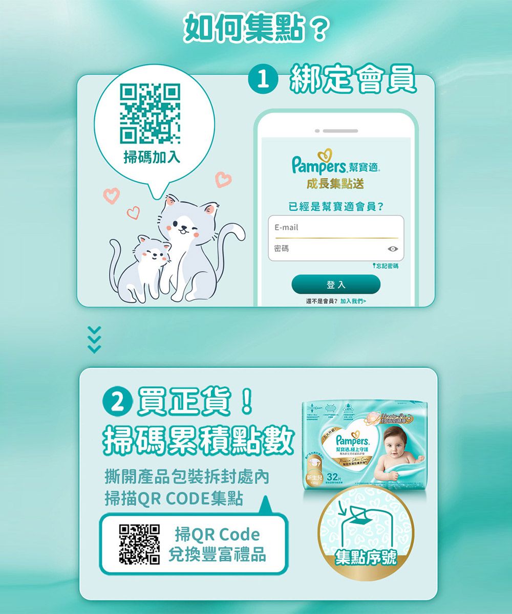 掃碼加入如何集點?1 綁定會員Pampers 成長集點送已經是寶適會員?Email密碼 買正貨!掃碼累積點數登入還不是會員?加入我們撕開產品包裝處32掃描QR CODE集點Pampers.幫忘記密碼-掃QR Code兌換豐富禮品集點序號