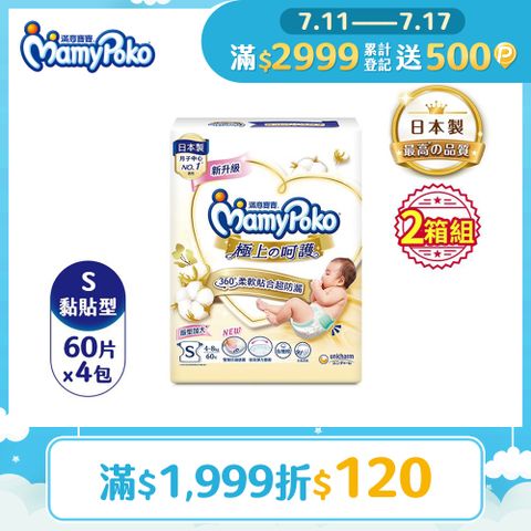 滿意寶寶 日本白金 極上呵護紙尿褲/尿布 (S) (60片x4包x2箱)