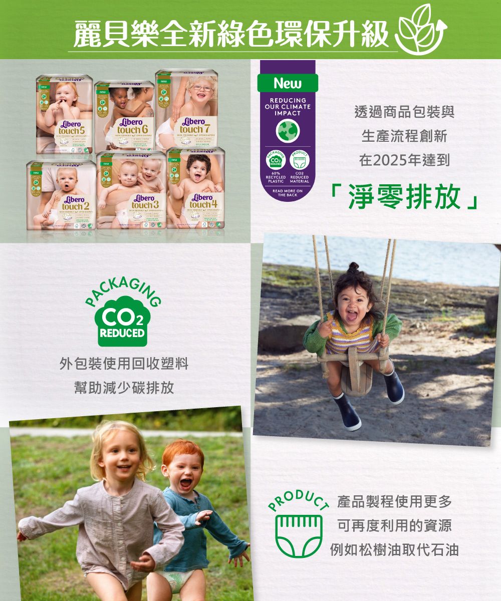 麗貝樂全新綠色環保升級LiberoLiberoLiberotouch 5touch touch7Liberotouch 2Liberotouch 3PACKAGINGCO2REDUCED外包裝使用回收塑料幫助減少碳排放Liberotouch4NewREDUCINGOUR CLIMATEIMPACT%RECYCLED REDUCEDPLASTIC MATERIALREAD MORE ONTHE BACK透過商品包裝與生產流程創新在2025年達到「淨零排放」 產品製程使用更多可再度利用的資源例如松樹油取代石油