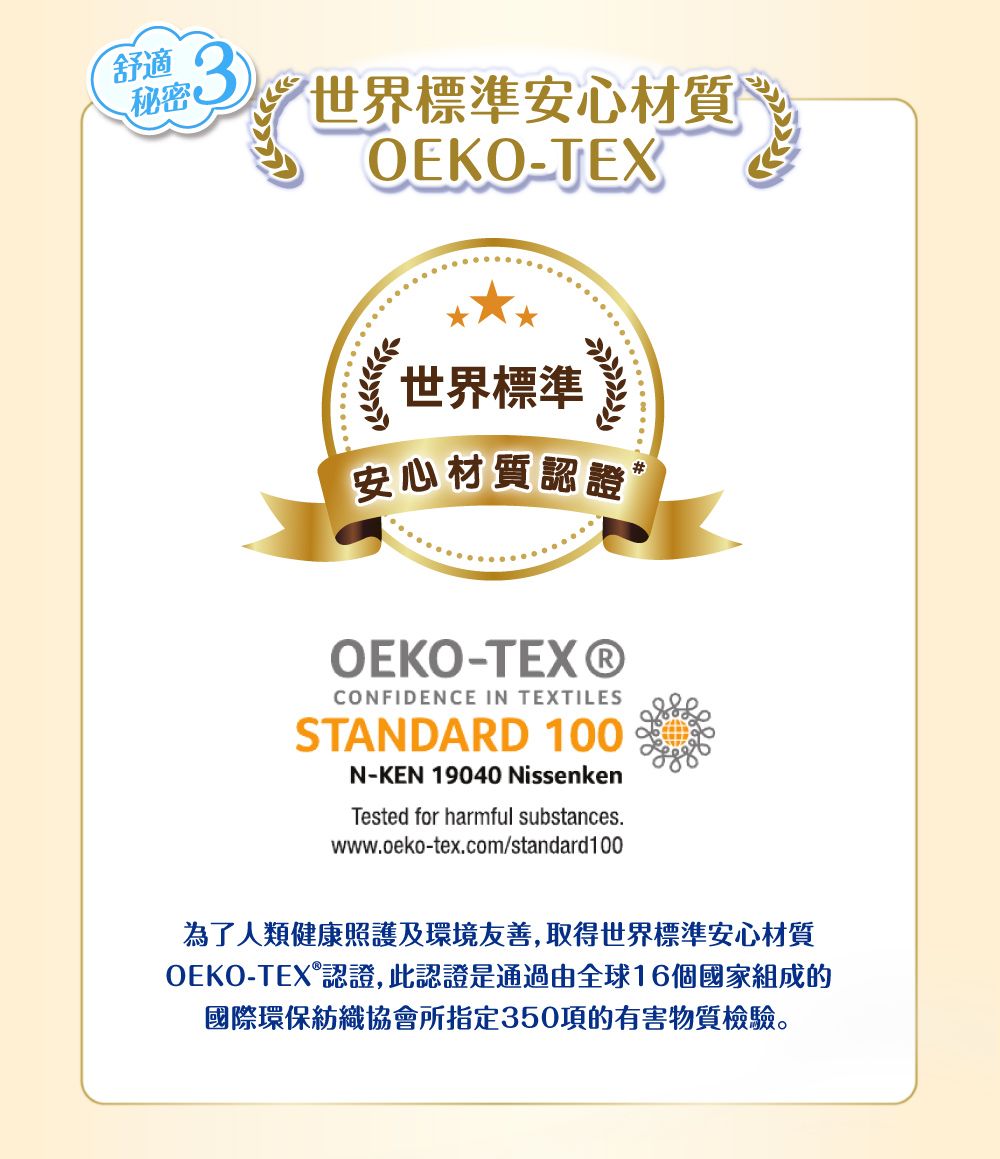 舒適秘密世界標準安心材質OEKO-TEX世界標準安心材質認證OEKO-CONFIDENCE IN TEXTILESSTANDARD 100N-KEN 19040 NissenkenTested for harmful substances.www.oeko-tex.com/standard100為了人類健康照護及環境友善,取得世界標準安心材質OEKO-TEX®認證,此認證是通過由全球16個國家組成的國際環保紡織協會所指定350項的有害物質檢驗。