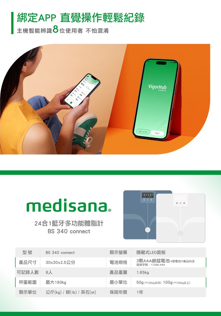 綁定APP 直覺操作輕鬆紀錄主機智能辨識8位使用者 不怕混淆medisana.24合1藍牙多功能體脂計BS 340 connectVigorHub88888型號產品尺寸可記錄人數BS 340 connect顯示隱藏式LED面板30x30x2.5公分8人電池規格產品重量3顆AAA鹼錳電池(4號電池*產品內含環保字號:17366-AR41.65kgp秤重範圍最大180kg最小單位50g (*100kg以內)100g (*100kg以上)顯示單位公斤(kg)/磅(b)/英石(st)保固年限1年