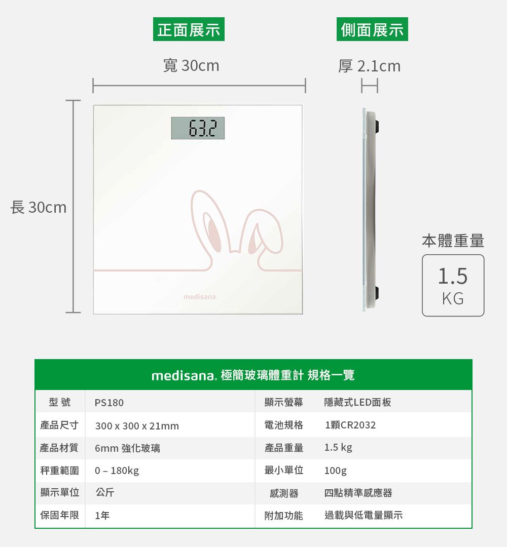 長 30cm|正面展示側面展示寬30cm厚 2.1cmmedisanamedisana. 極簡玻璃體重計 規格一覽型號PS180產品尺寸300 x 300 x 21mm產品材質6mm 強化玻璃秤重範圍顯示單位0-180kg公斤保固年限1年顯示螢幕隱藏式LED面板電池規格產品重量1顆CR20321.5 kg最小單位100g感測器四點精準感應器附加功能過載與低電量顯示本體重量1.5KG