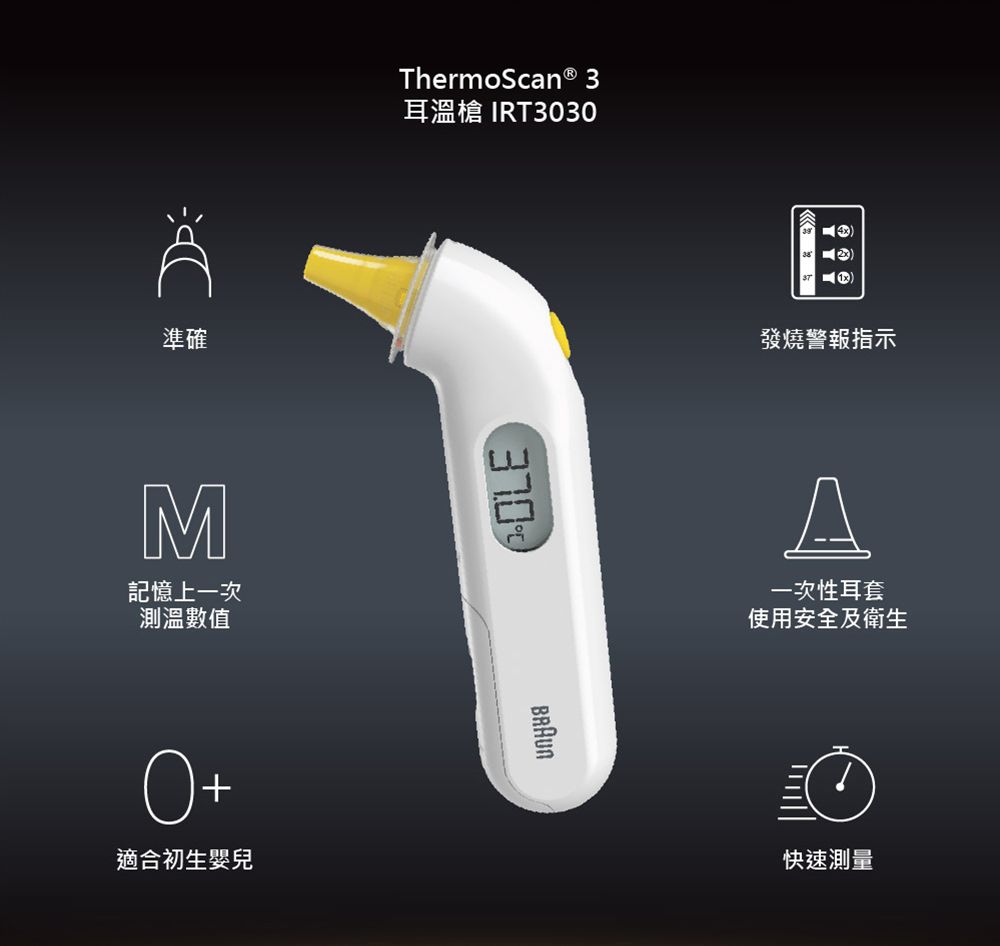 準確M記憶上一次測溫數值+適合初生嬰兒ThermoScan® 3耳溫槍 IRT3030發燒警報指示一次性耳套使用安全及衛生快速測量