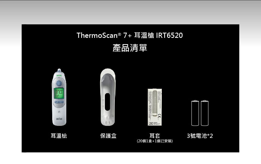 ThermoScan ® 7+耳溫槍 IRT6520產品清單耳溫槍保護盒20耳套(20個1盒+1個已安裝)3號電池*2