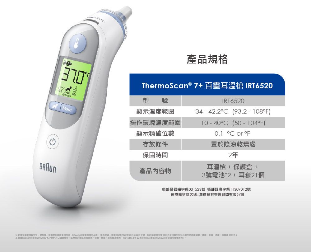 3-36 產規格ThermoScan® 7+ 靈耳溫槍 IRT6520 顯示溫範圍IRT652034 - 42 93.2-108F操作環境溫範圍顯示精確數存放條件保固時間產品內容物10-40 50-104F)0.1°  置於陰涼乾燥處2年耳溫槍+保護盒+3號電池*2+耳套21個衛醫器輸字第031523號 衛部器廣字第11309012號醫療器材商稱集德醫材管理顧問限度度百部品 :2022年1112月有 800名全的(名)2.號2020年3月至4月1451位 (02020公司)