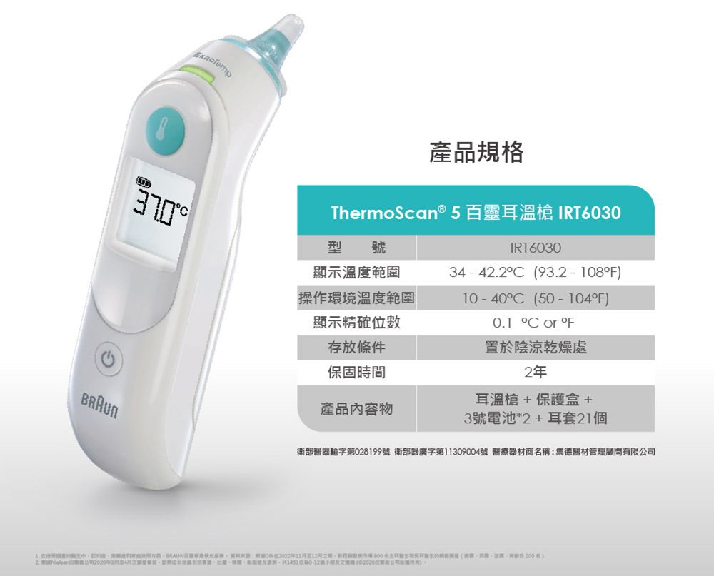 產規格ThermoScan® 5 靈耳溫槍 IRT600型IRT6030顯示溫範圍操作環境溫範圍3 -42 93.2-108F顯示精確位數存放條件保固時間10-40 50-104F0.1  or °F置於陰涼乾燥處2年耳溫槍+保護盒+產品內容物3號電池*2+耳套21個衛部醫器輸字第028199號 衛部器廣字第309004號 醫療器材稱集德醫材管理顧問有限2.度度百品:年11名商)2020年34號 (公司()