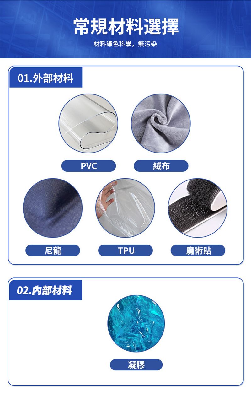 01.外部材料常規材料選擇材料綠色科學,無污染PVC絨布尼龍TPU魔術貼02.内部材料凝膠