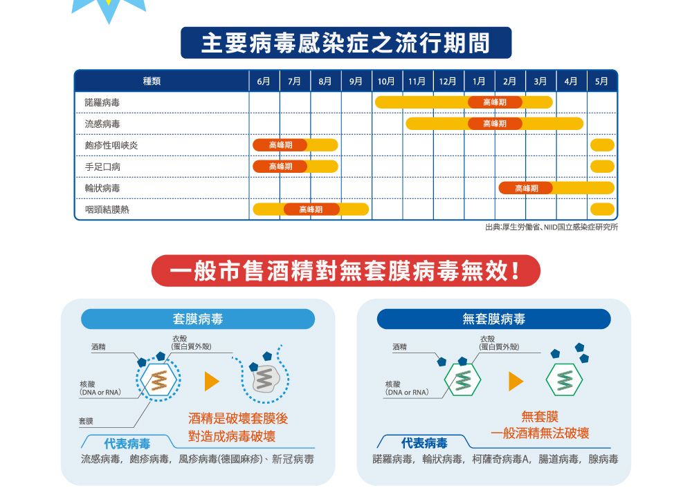 主要感染症之流行期間6 7月8月 9月 | 10月 11月 12月 1月 2月高峰期3月4月5月高峰期種類諾羅病毒流感病毒皰疹性咽峽炎高峰期手足口病輪狀病毒咽頭結膜熱高峰期高峰期高峰期出典:厚生、NIID国立感染症研究所一般市售酒精對無套膜病毒無效!套膜病毒酒精(蛋白質外殼)無套膜病毒酒精衣殼(蛋白質外殼)核酸(DNA or RNA)套膜酒精是破壞套膜後對造成病毒破壞核酸(DNA or RNA)無套膜一般酒精無法破壞代表病毒流感病毒,皰疹病毒,風疹病毒(德國麻疹)、新冠病毒代表病毒諾羅病毒,輪狀病毒,柯薩奇病毒A,腸道病毒,腺病毒