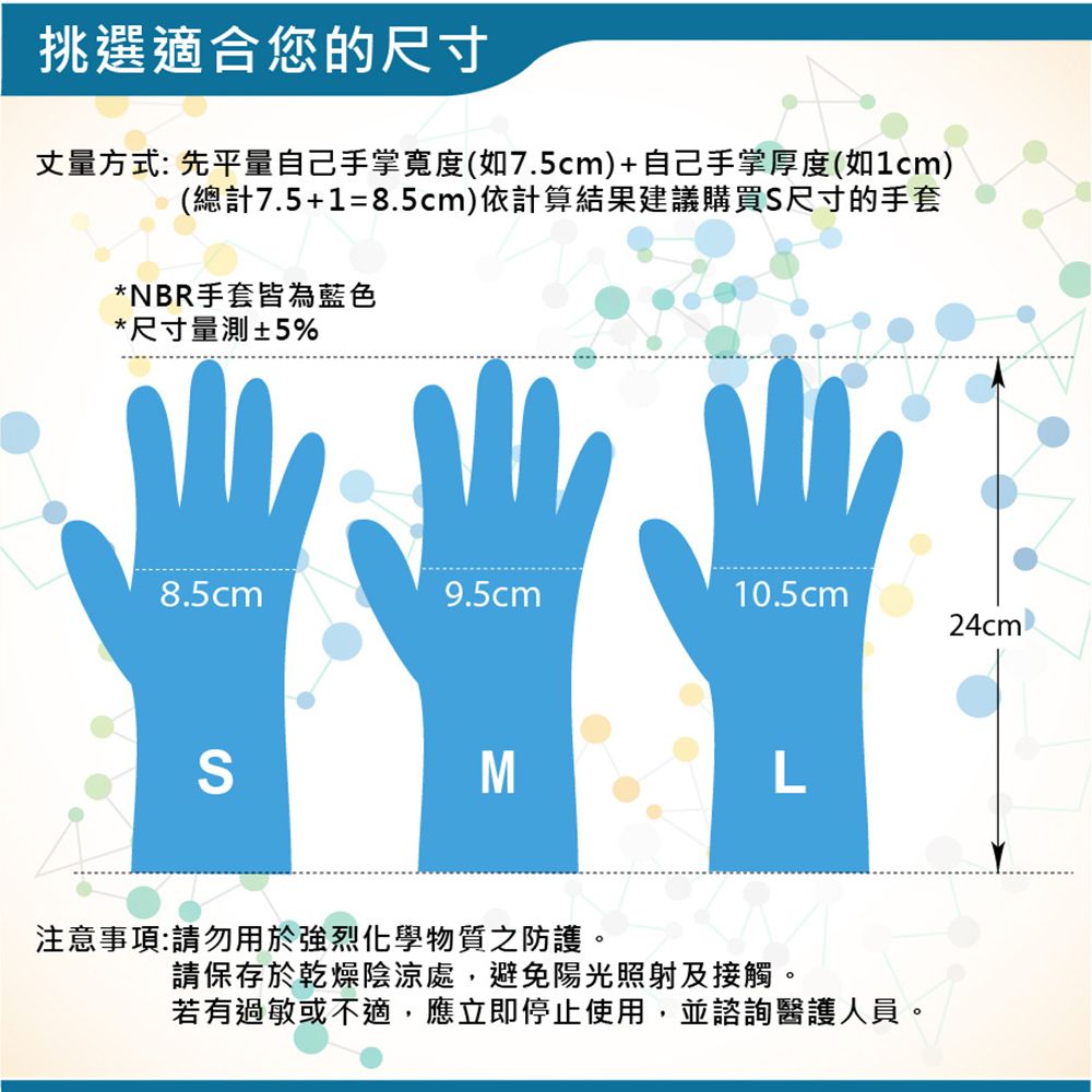 挑選適合您的尺寸丈量方式: 先平量自己手掌寬度(如7.5cm+自己手掌厚度(如1cm)(總計7.5+1=8.5cm)依計算結果建議購買S尺寸的手套*NBR手套皆為藍色*尺寸量測±5%8.5cm9.5cm10.5cm24cm)SML注意事項:請勿用於強烈化學物質之防護。請保存於乾燥陰涼處,避免陽光照射及接觸。若有過敏或不適,應立即停止使用,並諮詢醫護人員。