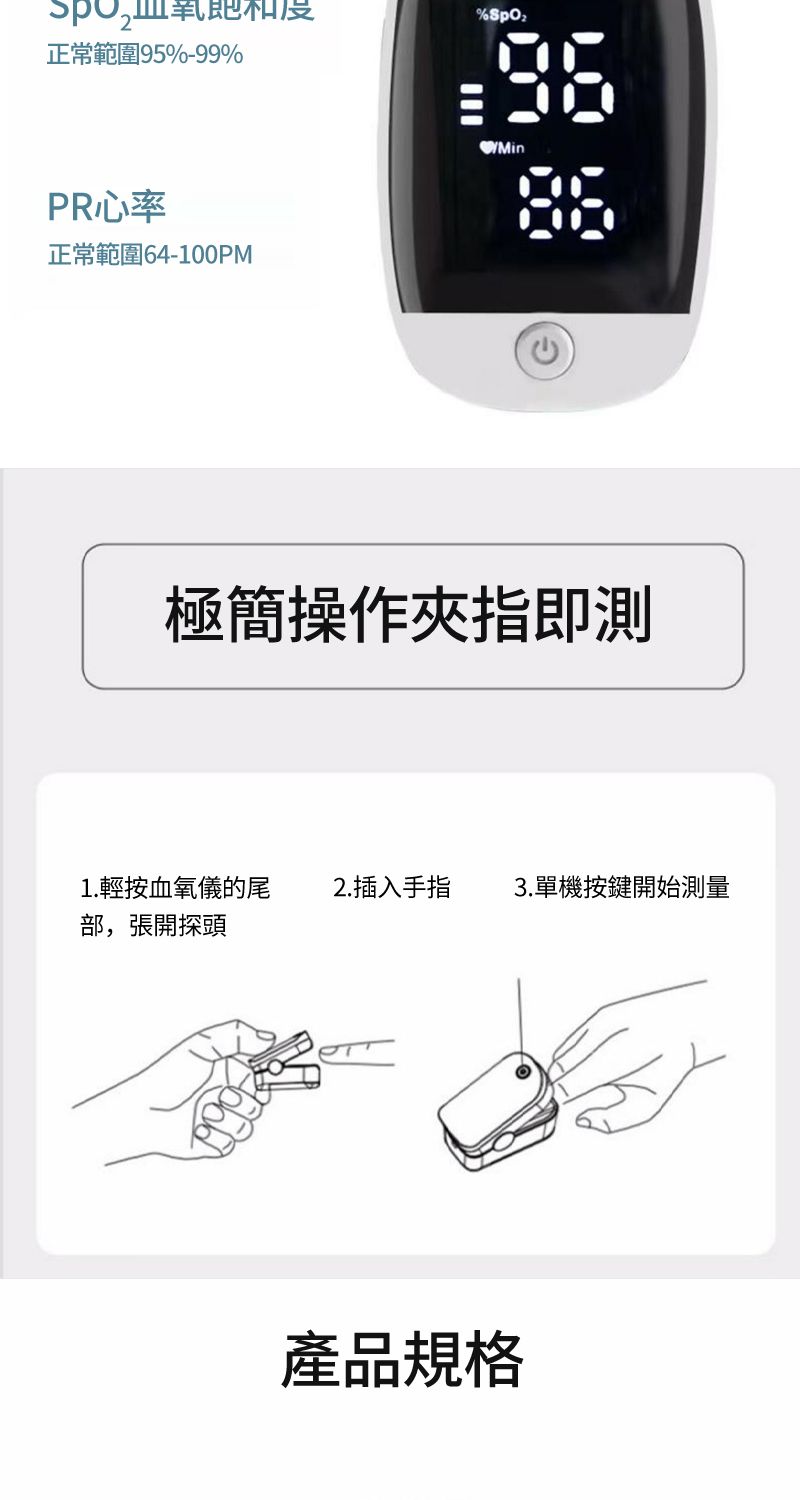 飽和度正常範圍95%-99%PR心率正常範圍64-100PM%Min極簡操作夾指即測1.輕按血氧儀的尾2.插入手指3.單機按鍵開始測量部,張開探頭產品規格