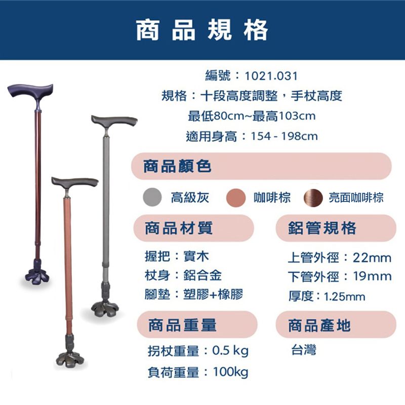 商品規格編號1021.031規格:十段高度調整,手高度最低80cm~最高103cm適用身高:154-198cm商品顏色高級灰咖啡棕亮面咖啡棕商品材質握把:實木杖身:鋁合金腳墊:塑膠+橡膠鋁管規格上管外徑:22mm下管外徑:19mm厚度:1.25mm商品重量拐杖重量:0.5 kg負荷重量:100kg商品產地台灣