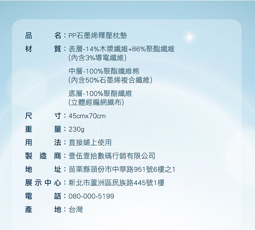 名:PP石墨烯釋壓枕墊質:表層-14%木漿纖維+86%聚酯纖維(內含3%導電纖維)中層-100%聚酯纖維棉(內含50%石墨烯複合纖維)底層-100%聚酯纖維(立體經編網織布)  寸:45cmx70cm量:230gp法:直接鋪上使用製造商:壹伍壹拾數碼行銷有限公司址:苗栗縣頭份市中華路951號6樓之1展示中心:新北市蘆洲區民族路445號1樓電話:080-000-5199產地:台灣