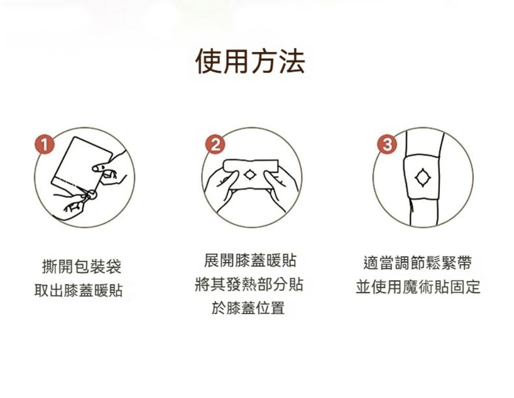1使用方法撕開包裝袋取出膝蓋暖貼展開膝蓋暖貼適當調節鬆緊帶將其發熱部分貼於膝蓋位置並使用魔術貼固定