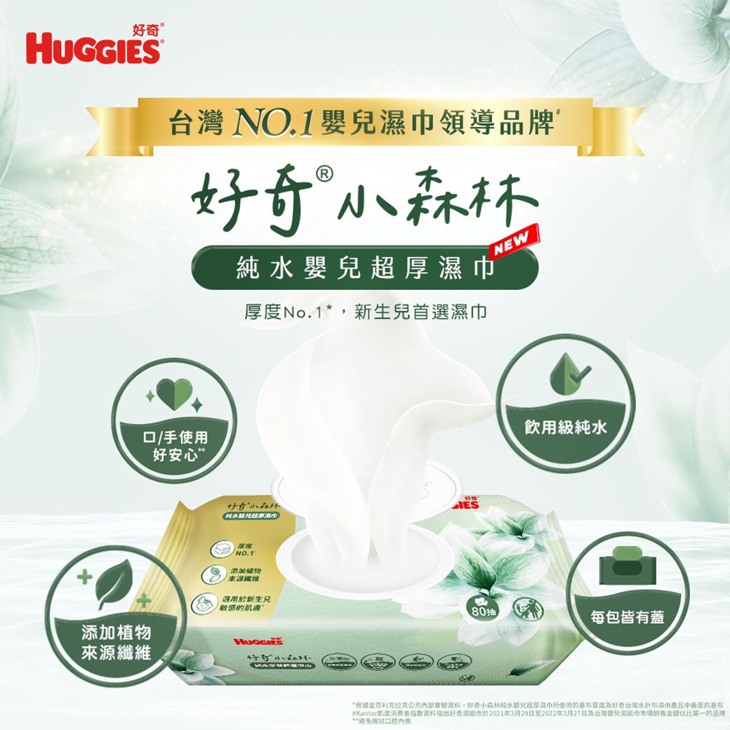 HUGGNO.1嬰領導品牌好奇小森林超NEW口/手使用好安心”厚No.1*新生兒首選巾好奇純水兒厚濕巾IES添加植物來源NO.1添加植物來源纖維適用於新生兒敏感的肌膚飲用級純水80抽每包皆有蓋*根據金百利克拉克公司內部,好奇小森林純水嬰兒濕巾所使用的厚度好奇台灣水布濕巾產品中最厚的基布#Kantar度好奇濕紙巾於2021年3月29日至2022年3月27日為台灣兒濕紙巾市場銷售金額佔比的品牌**避免