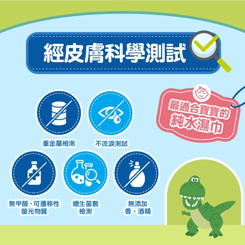 經皮膚科學測試最適合寶寶的純水濕巾重金屬檢測不流淚測試無甲醛、可遷移性總生菌數無添加螢光物質檢測香、酒精
