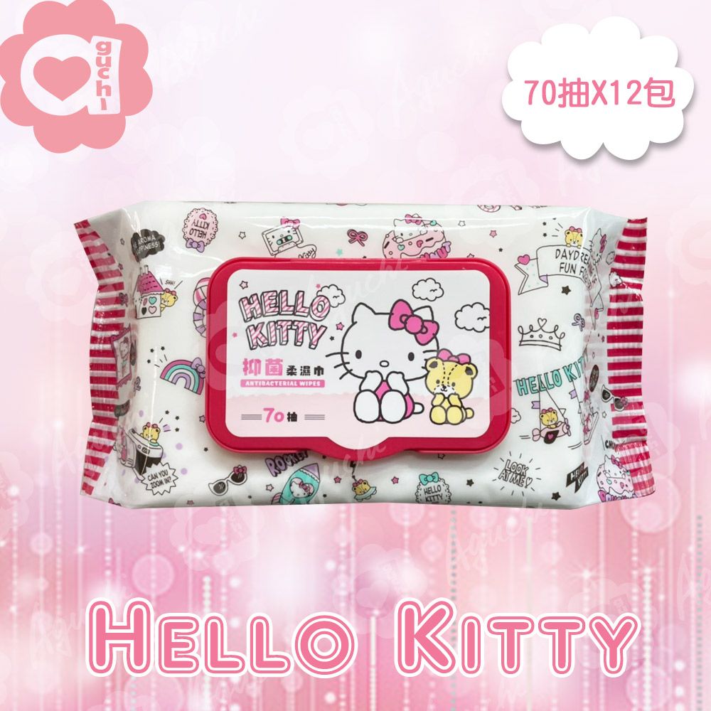 Hello Kitty  凱蒂貓抑 菌有蓋柔濕巾/濕紙巾 (加蓋) 70抽 X 12包