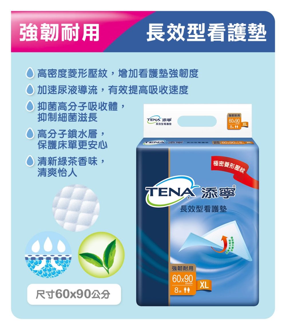 強韌耐用長效型墊高密度菱形壓紋,增加看護墊強韌度 加速尿液導流,有效提高吸收速度 抑菌高分子吸收體,細菌滋長● 高分子鎖水層,TENA 「強韌耐用長效型看護保護床單更安心60x90  XL●清新綠茶香味,清爽怡人極密菱形壓紋TENA 添寧長效型看護墊尺寸60x90公分強韌耐用60x90XL