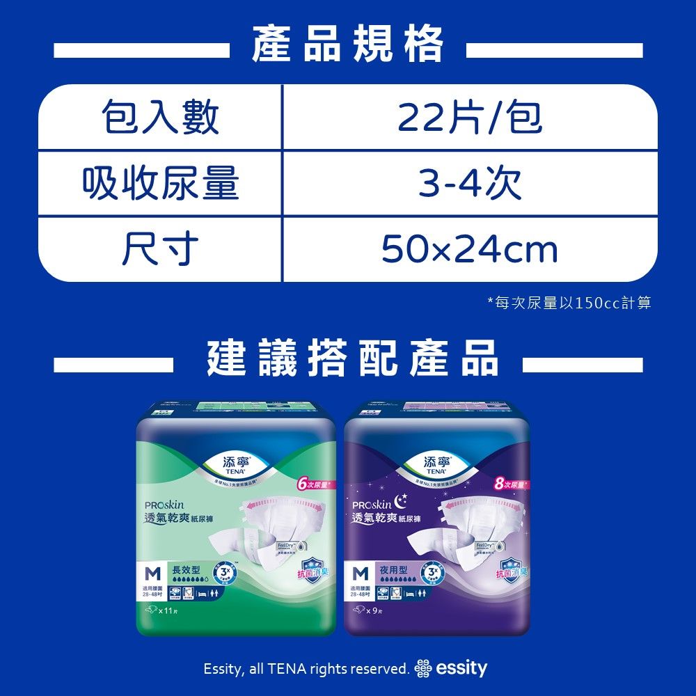 包入數吸收尿量尺寸透氣乾爽紙尿褲產品規格22/包3-4次50x24cm建議搭配產品*每次尿量以150cc計算添寧6次尿量PROSkin透氣乾爽紙尿褲添寧8次尿量M 長效型菌M 夜用型28-48片Essity, all TENA rights reserved. essity抗