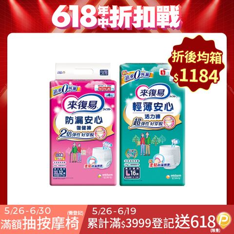 來復易 成人褲型紙尿褲 任選兩箱組 (防漏復健褲/輕薄活力褲)